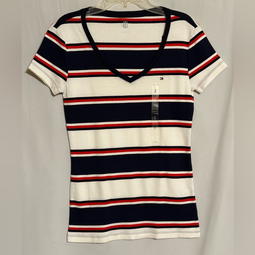 NWT Tommy Hilfiger Striped Short Sleeve V-Neck Tee Size Small